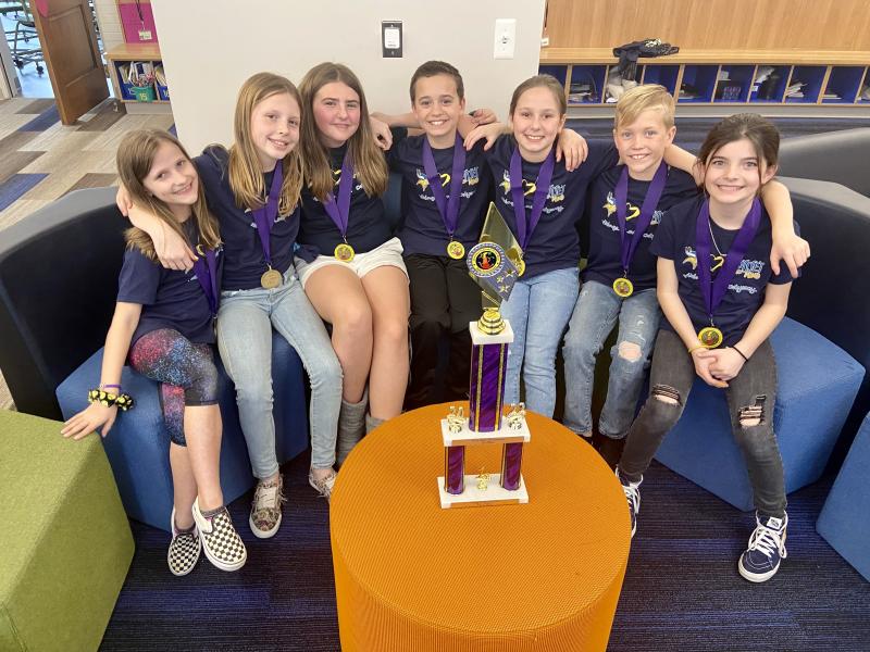 The Milton Elementary Rubber Duckies Odyssey of the Mind team (l-r) Alison Swift, Fiona Fisher, McKenzie Russell, Vinny Amalfitano, Penelope Bohl, Liam Tyndall and Maddie Hill earned a perfect score and are heading to world competition in May. ELLEN DRISCOLL PHOTO